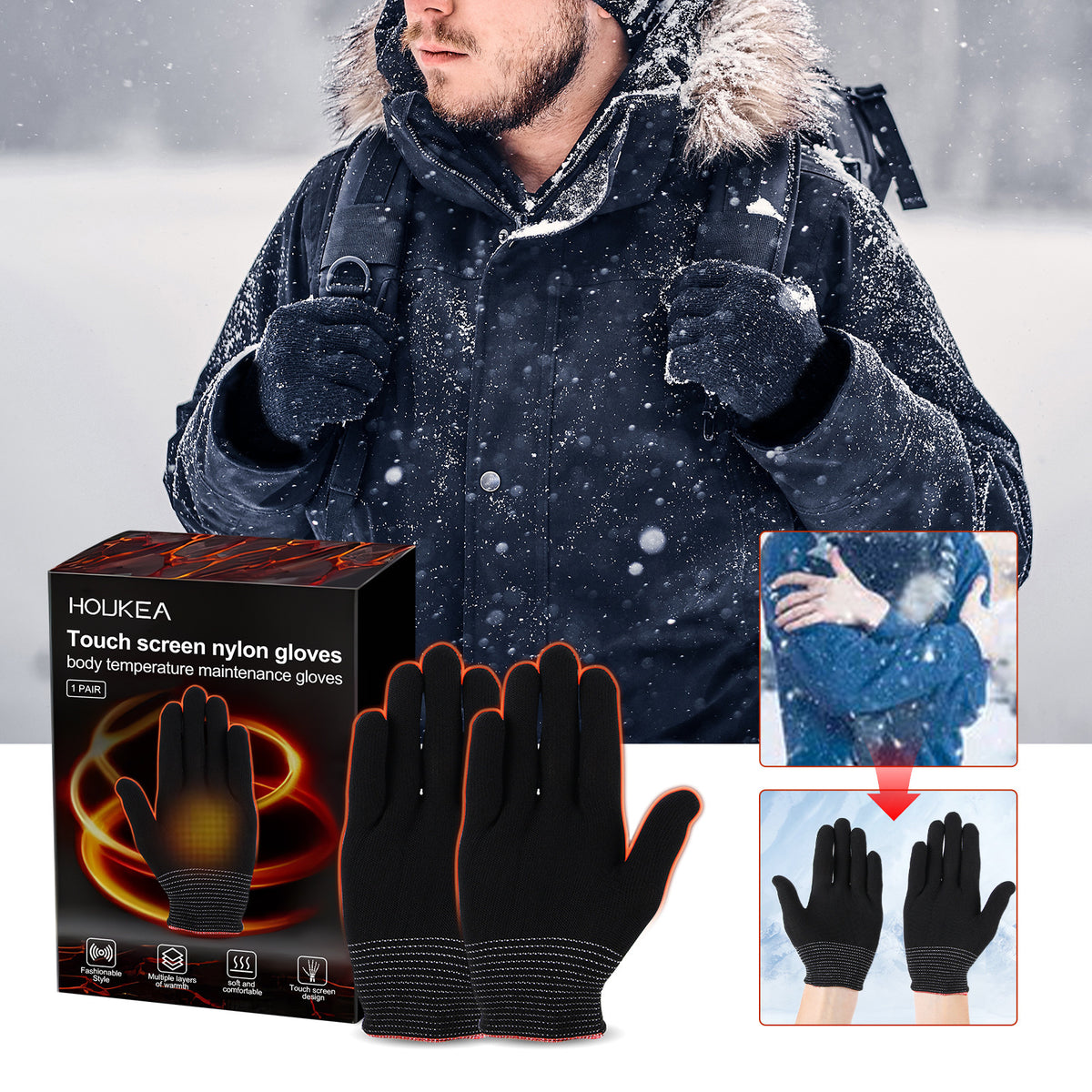 Nylon Gloves, Winter Outdoor Sports Skiing Cold Hand Care Massage Heat Warm Gloves