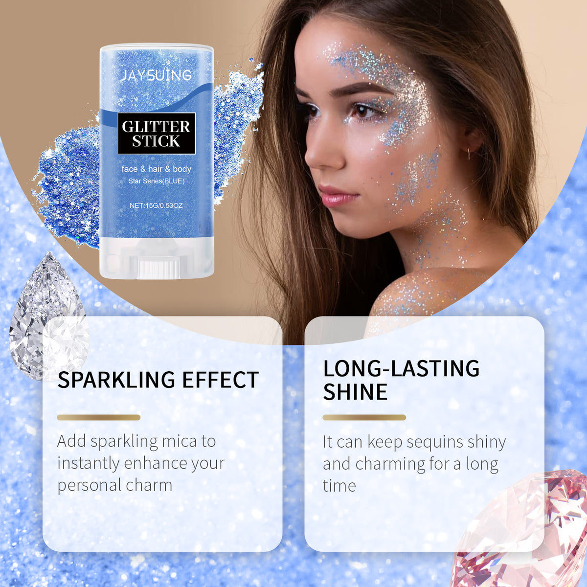 Jaysuing Sequined Glitter Stick (Blue), Party, Dance, Performance, Makeup, Face, Body, Collarbone, Highlight And Shine
